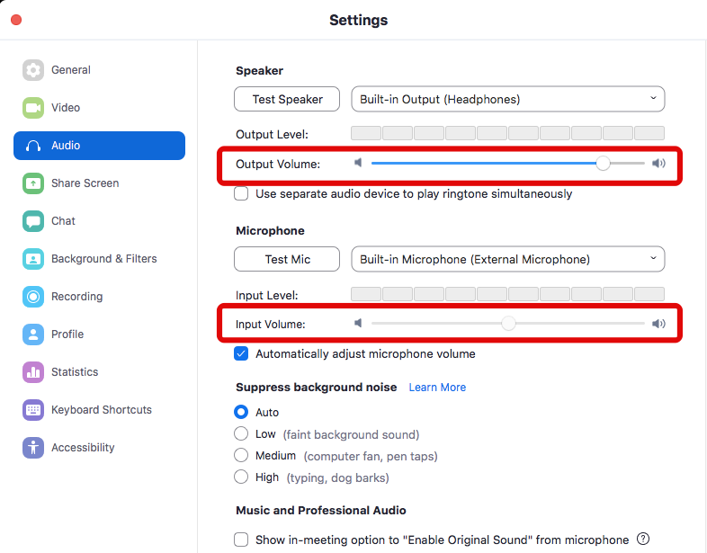 change volume in online lesson tools zoom