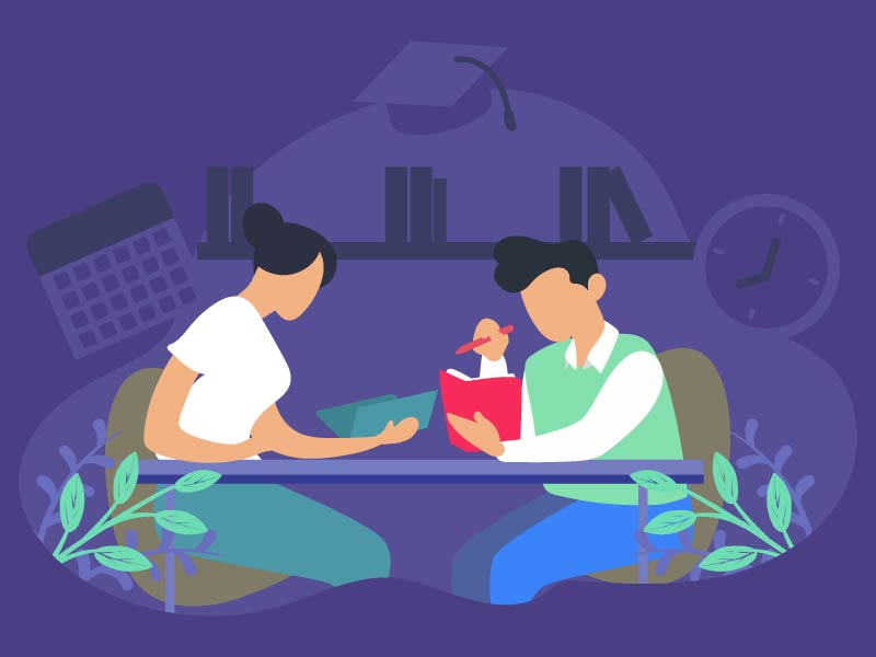 Clipart of two people studying Japanese verbs