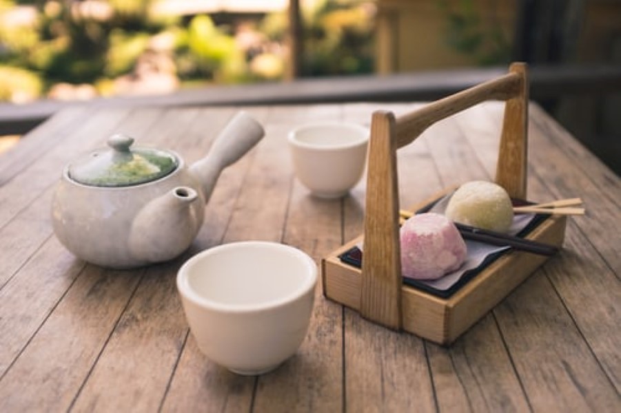 brewed japanese tea set with snacks