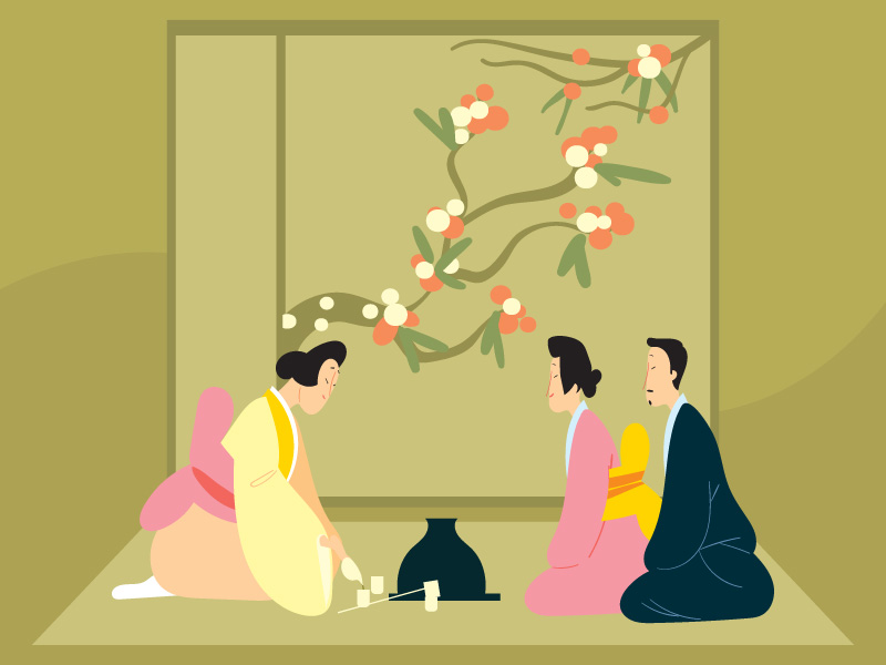 foreign students listening to japanese podcast about tea ceremony