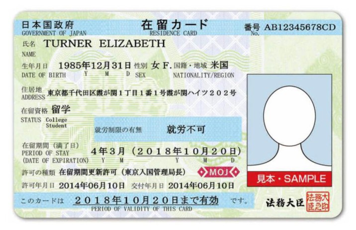 An example of what a Zairyu Card in Japan looks like when it is filled with personal information. It is a card with a light green background, light blue highlighted headings, a space on the right hand side for a photo, and it is full of information in both English and Japanese