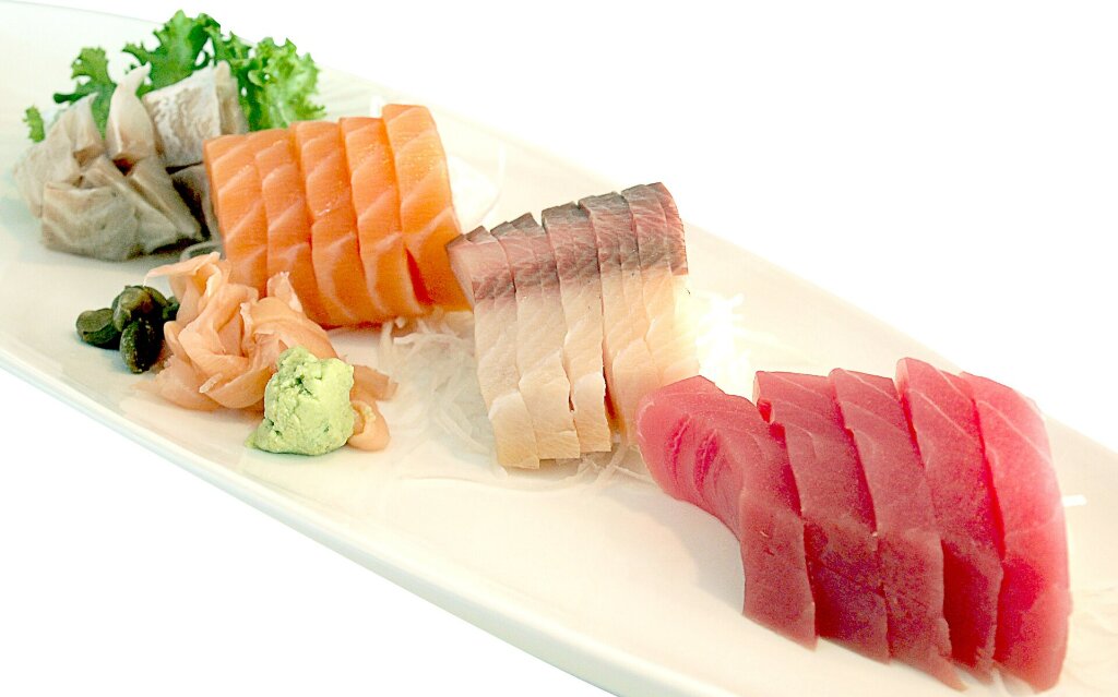 Slices of sashimi in Japanese sushi -