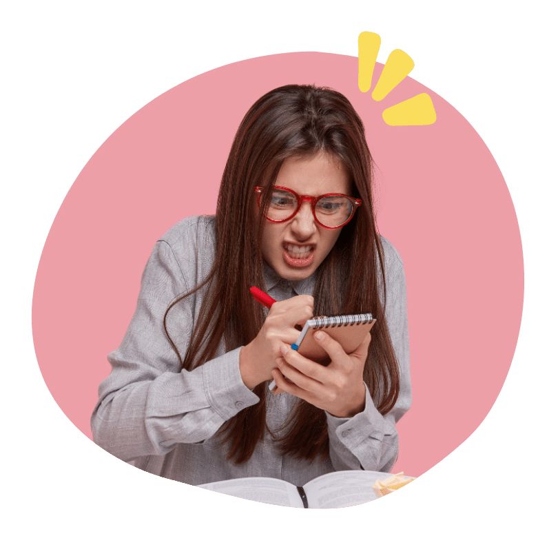 Angry girl studying