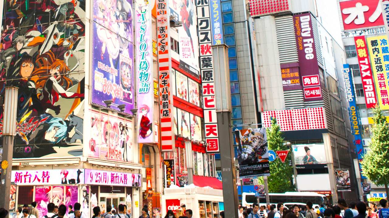 Anime and manga related things to do in Akihabara featuring stores with anime characters from Neon Genesis Evangelion and more