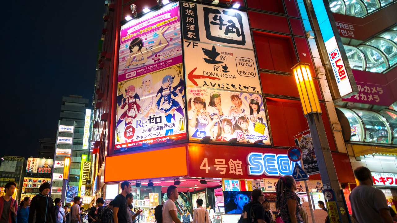 Picture of anime characters and maids on the side of a building advertising maid cafes and so on (one of the most popular things to do in Akihabara for otaku)