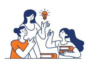 Graphic of two students speaking with a teacher and a light bulb representing a good idea