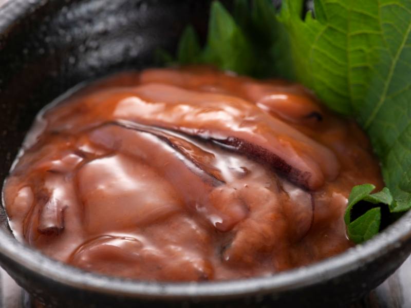 shiokara in a bowl, a rather slimy looking food, which makes it categorized as a weird japanese food