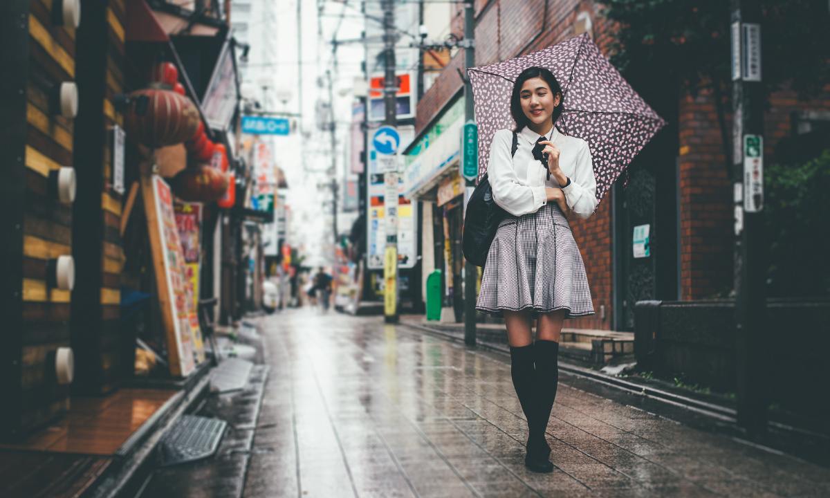 Japanese fashion for young women - girl wearing a high waisted skirt and white blouse
