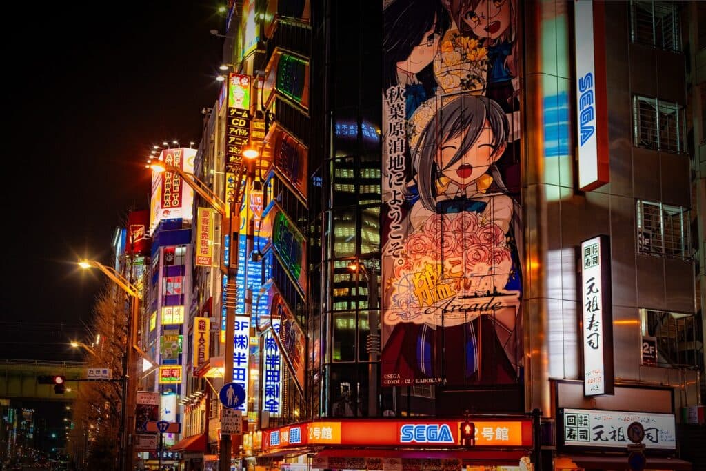scenery of akihabara at night with a billboard of an anime girl holding a bouquet of flowers