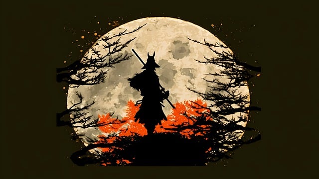 Silhouette of a samurai standing in front of a full moon