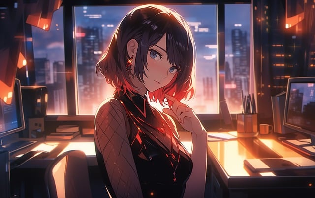 picture of anime girl with short hair in an office space during sunset