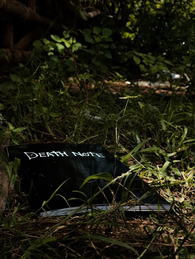 Book labeled "Death Note" from old anime of the same name laying on the grass