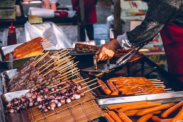 skewers being sold at a street food stand as one of the best things to do in Osaka at night
