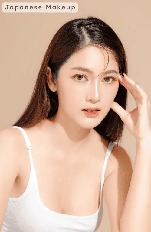 A Japanese lady wearing a white top tank and Japanese makeup brands style on her face