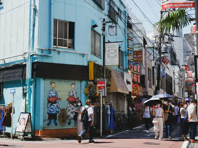 A shopping street in Shimo-Kitazawa, Tokyo in the daytime.